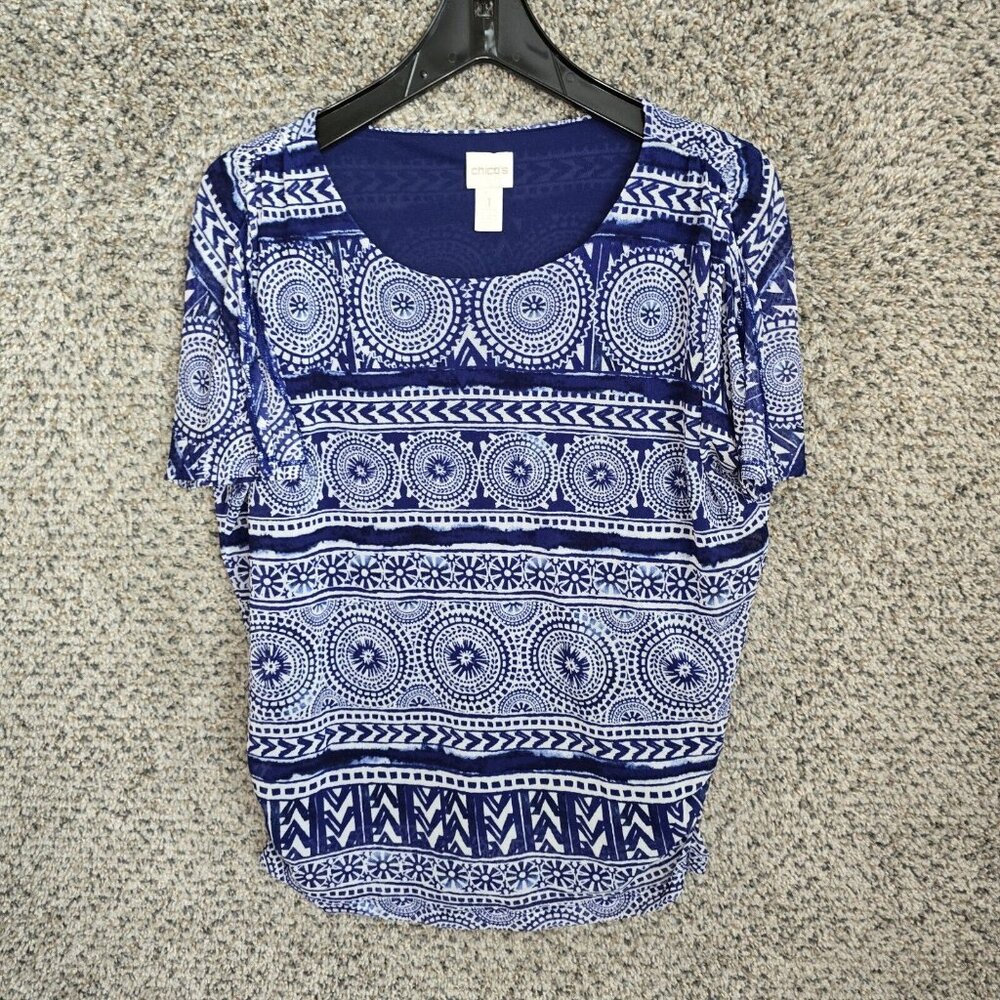 Chicos Top Womens 1 US Medium‎ Blue Mesh Flutter Sleeve Blouse Casual Ladies